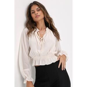 Lulus Stylish Trend Ivory Long Sleeve Tie-neck Peplum Top White - Size XS